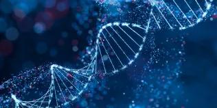 Sparkling DNA helix structure in blue and red