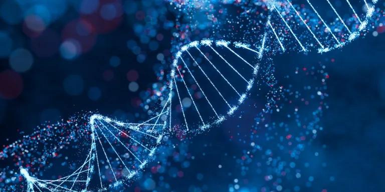 Sparkling DNA helix structure in blue and red