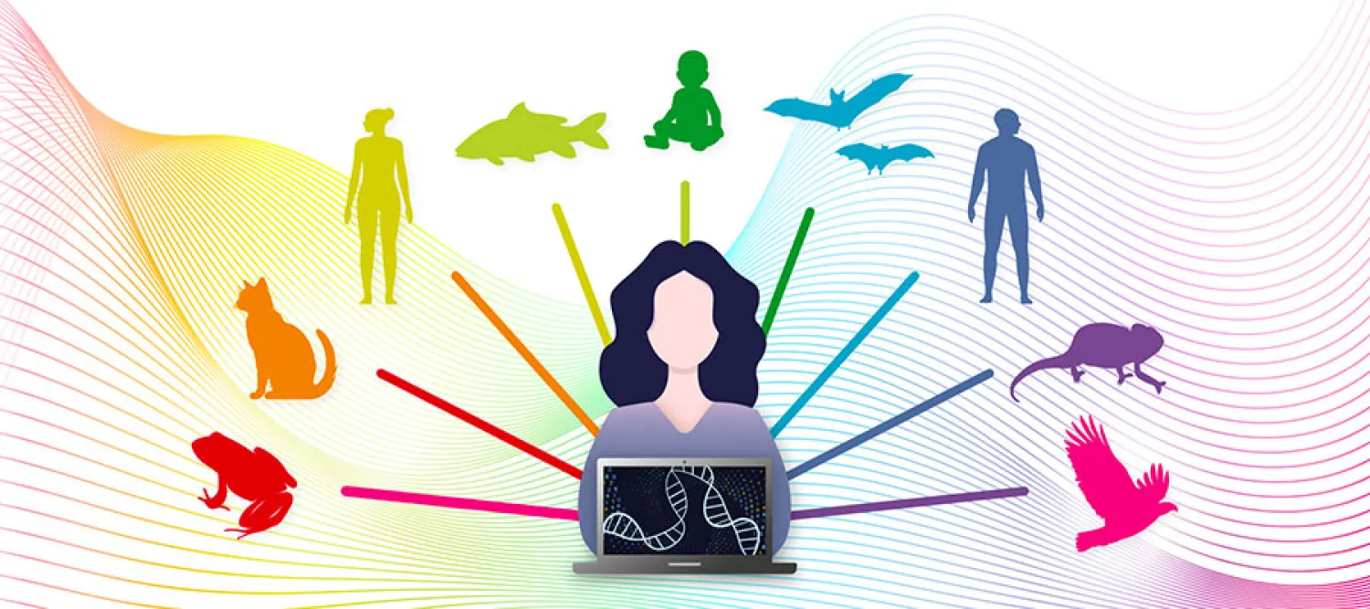 Person sitting with a laptop, with data and animals displayed around her.