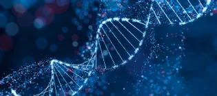 Sparkling DNA helix structure in blue and red