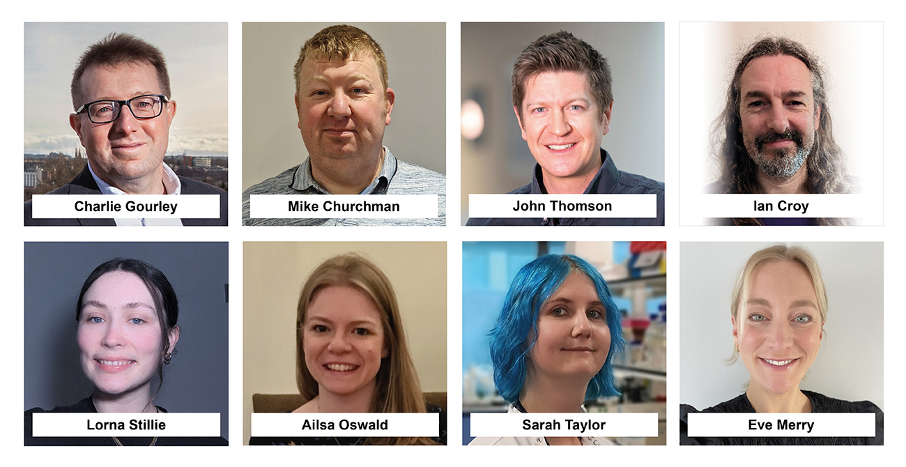 Charlie Gourley Research Group (Left to right: Charlie Gourley, Mike Churchman, John Thomson, Ian Croy, Lorna Stillie, Ailsa Oswald, Sarah Taylor and Eve Merry).